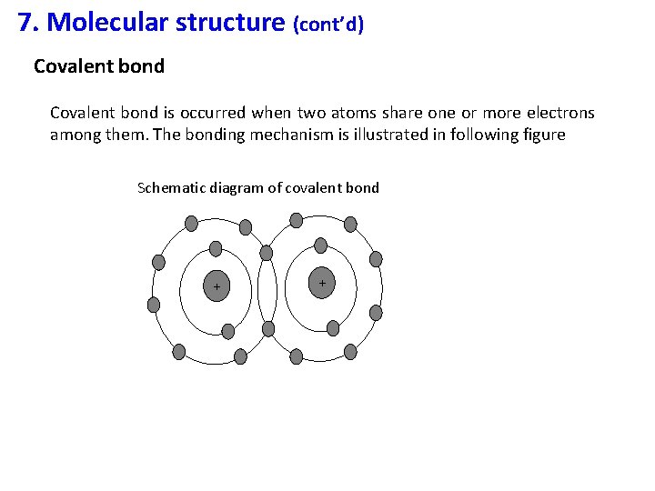 7. Molecular structure (cont’d) Covalent bond is occurred when two atoms share one or
