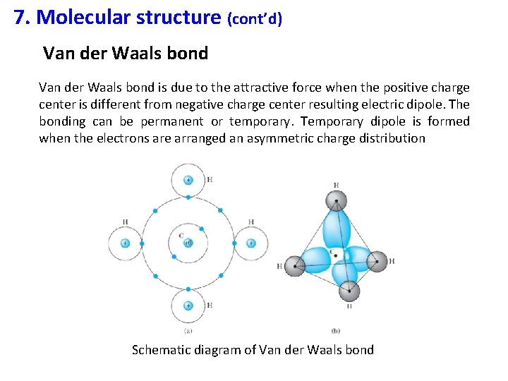 7. Molecular structure (cont’d) Van der Waals bond is due to the attractive force