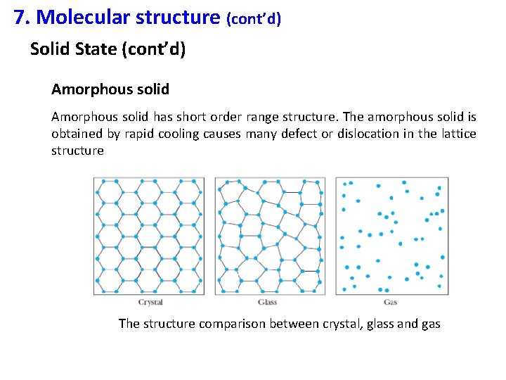 7. Molecular structure (cont’d) Solid State (cont’d) Amorphous solid has short order range structure.