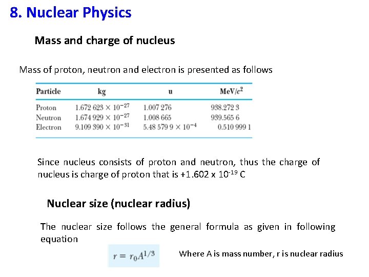 8. Nuclear Physics Mass and charge of nucleus Mass of proton, neutron and electron