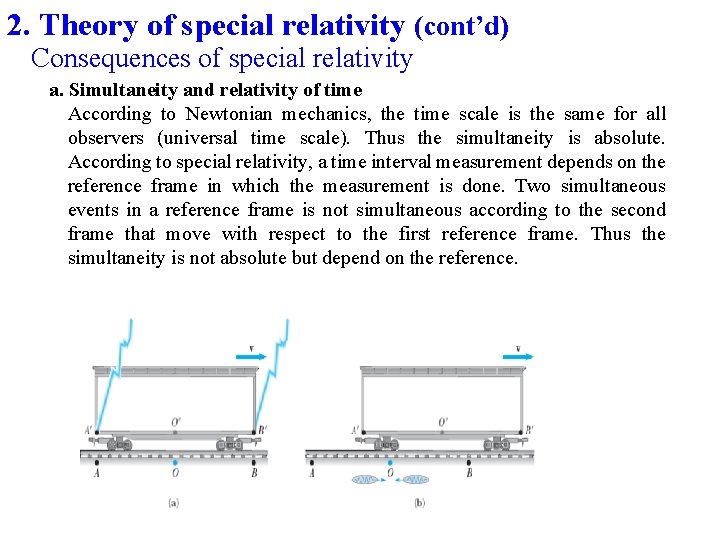 2. Theory of special relativity (cont’d) Consequences of special relativity a. Simultaneity and relativity