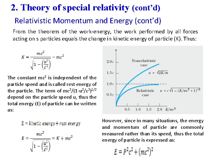 2. Theory of special relativity (cont’d) Relativistic Momentum and Energy (cont’d) From theorem of