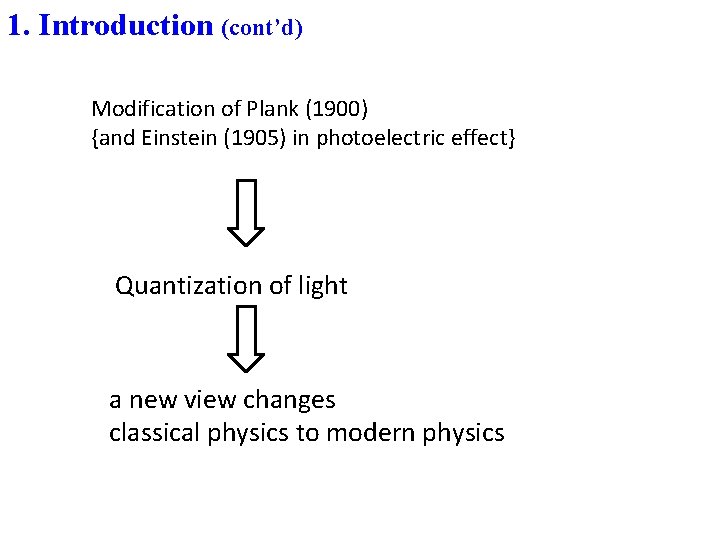 1. Introduction (cont’d) Modification of Plank (1900) {and Einstein (1905) in photoelectric effect} Quantization