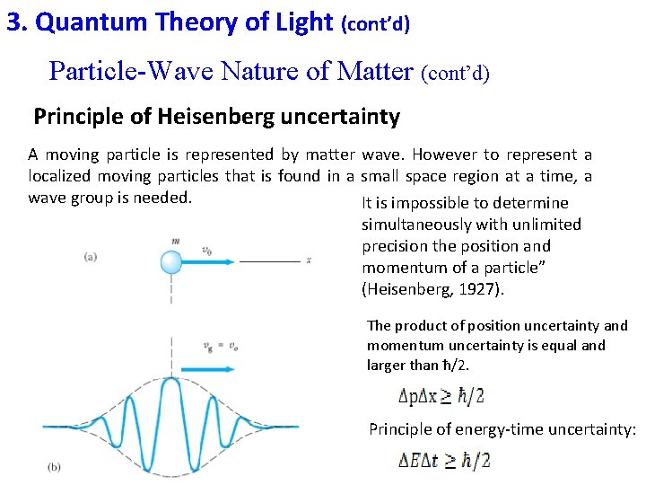 3. Quantum Theory of Light (cont’d) Particle-Wave Nature of Matter (cont’d) Principle of Heisenberg