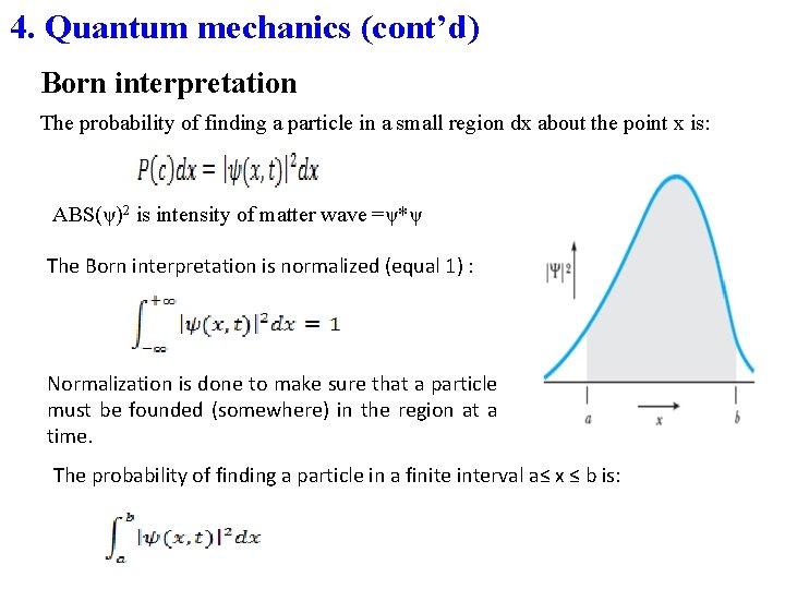 4. Quantum mechanics (cont’d) Born interpretation The probability of finding a particle in a