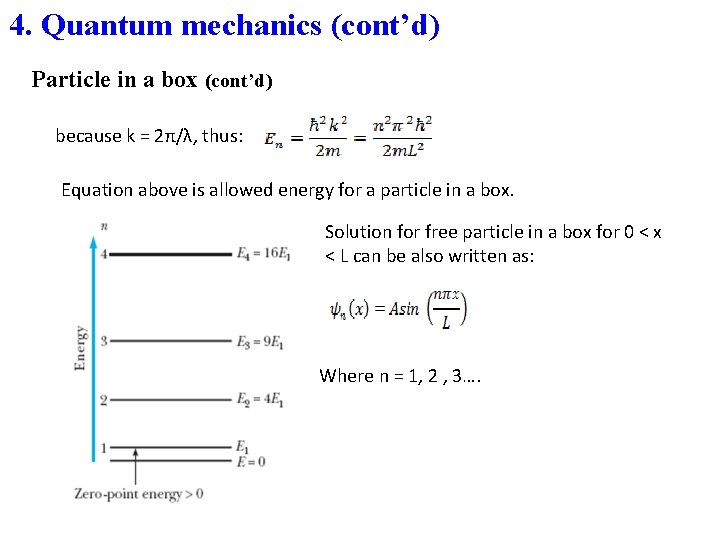 4. Quantum mechanics (cont’d) Particle in a box (cont’d) because k = 2π/λ, thus: