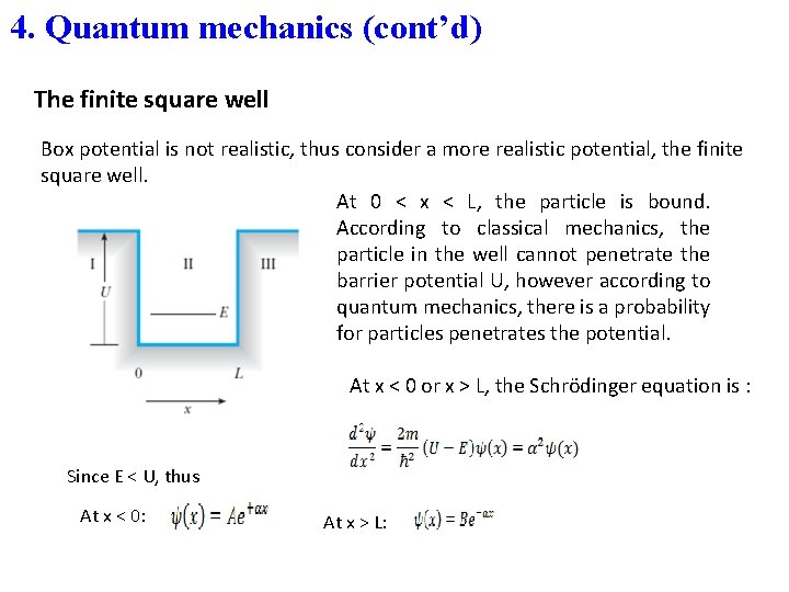 4. Quantum mechanics (cont’d) The finite square well Box potential is not realistic, thus