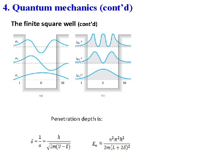 4. Quantum mechanics (cont’d) The finite square well (cont’d) Penetration depth is: 