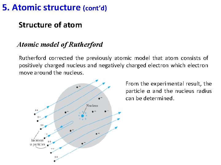 5. Atomic structure (cont’d) Structure of atom Atomic model of Rutherford corrected the previously