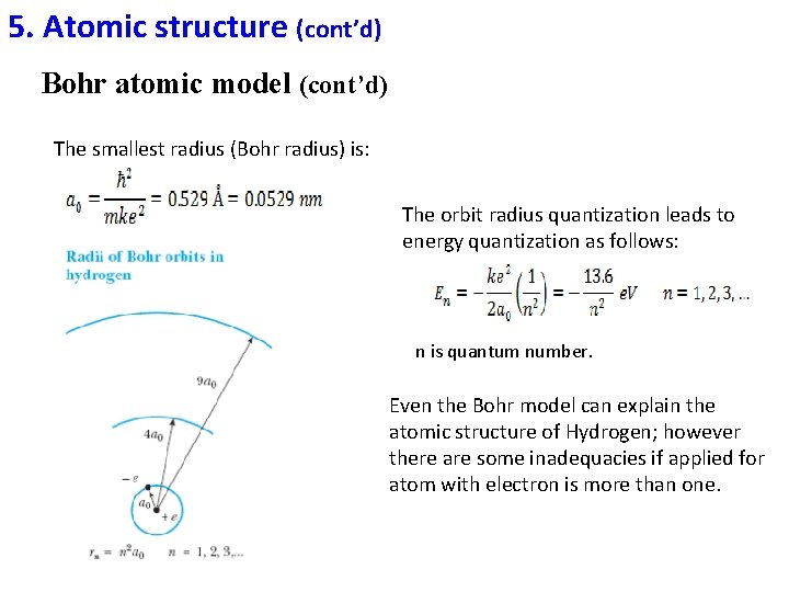 5. Atomic structure (cont’d) Bohr atomic model (cont’d) The smallest radius (Bohr radius) is: