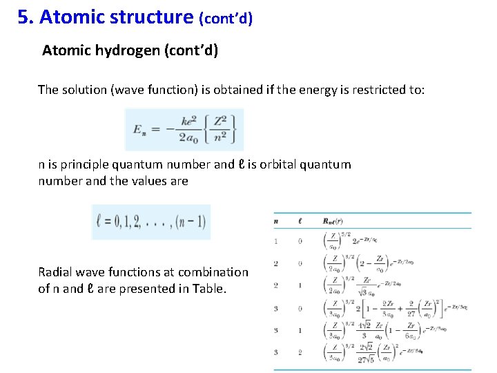 5. Atomic structure (cont’d) Atomic hydrogen (cont’d) The solution (wave function) is obtained if