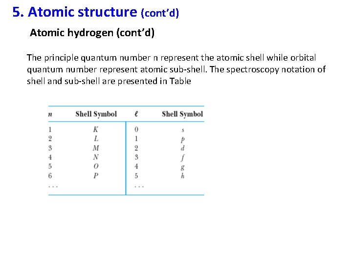 5. Atomic structure (cont’d) Atomic hydrogen (cont’d) The principle quantum number n represent the