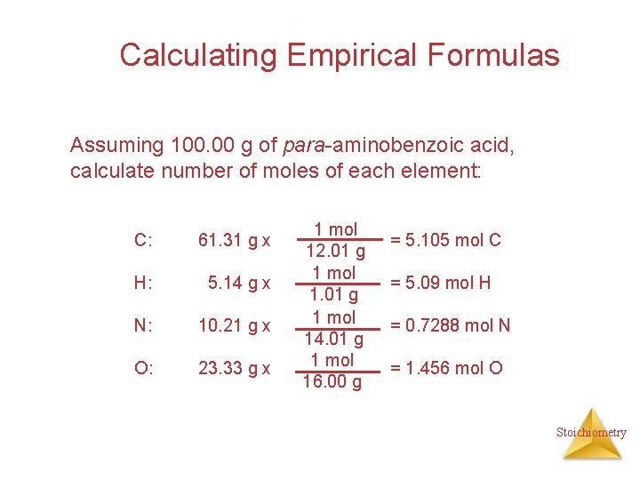 Calculating Empirical Formulas Assuming 100. 00 g of para-aminobenzoic acid, calculate number of moles