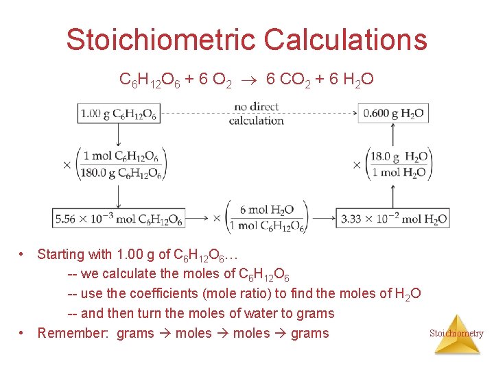 Stoichiometric Calculations C 6 H 12 O 6 + 6 O 2 6 CO