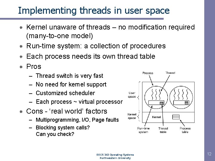 Implementing threads in user space Kernel unaware of threads – no modification required (many-to-one Implementing threads in user space Kernel unaware of threads – no modification required (many-to-one