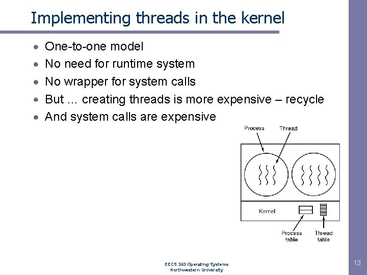 Implementing threads in the kernel One-to-one model No need for runtime system No wrapper Implementing threads in the kernel One-to-one model No need for runtime system No wrapper