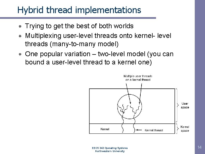 Hybrid thread implementations Trying to get the best of both worlds Multiplexing user-level threads Hybrid thread implementations Trying to get the best of both worlds Multiplexing user-level threads