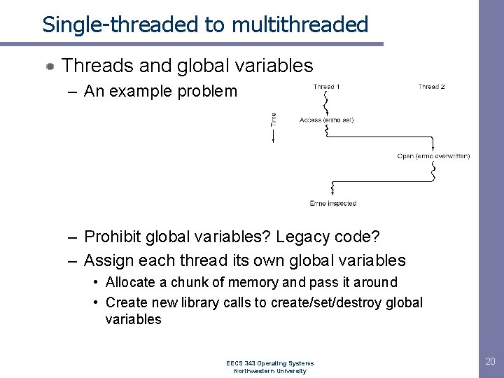 Single-threaded to multithreaded Threads and global variables – An example problem – Prohibit global Single-threaded to multithreaded Threads and global variables – An example problem – Prohibit global