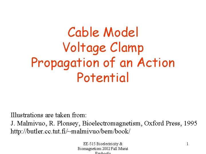 Cable Model Voltage Clamp Propagation of an Action Potential Illustrations are taken from: J.