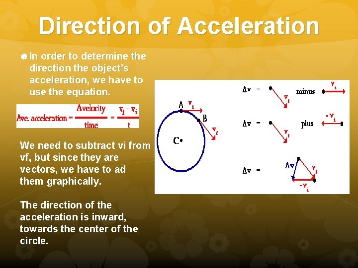 Direction of Acceleration In order to determine the direction the object’s acceleration, we have