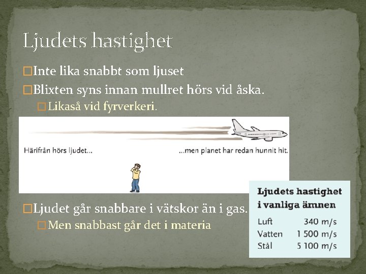 Ljudets hastighet �Inte lika snabbt som ljuset �Blixten syns innan mullret hörs vid åska.