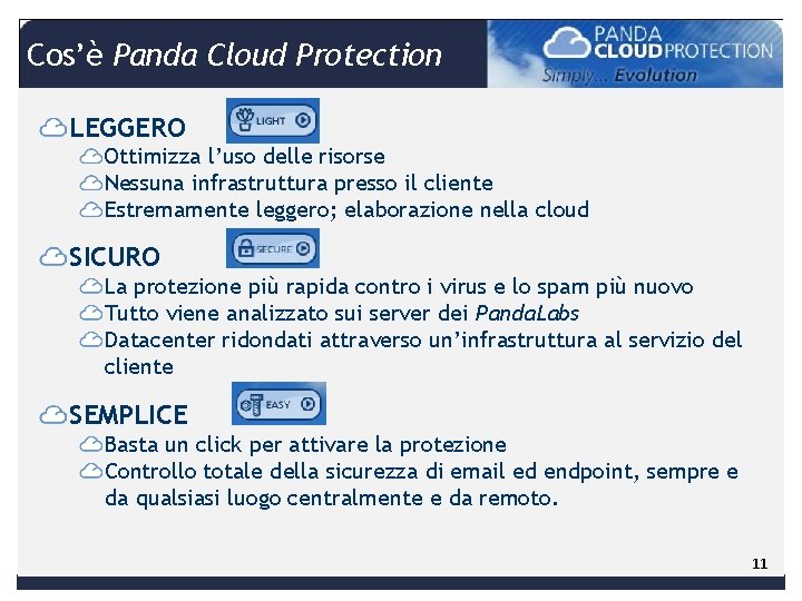 Cos’è Panda Cloud Protection LEGGERO Ottimizza l’uso delle risorse Nessuna infrastruttura presso il cliente