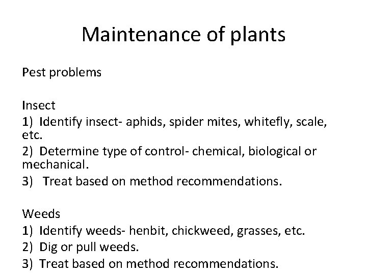 Maintenance of plants Pest problems Insect 1) Identify insect- aphids, spider mites, whitefly, scale,