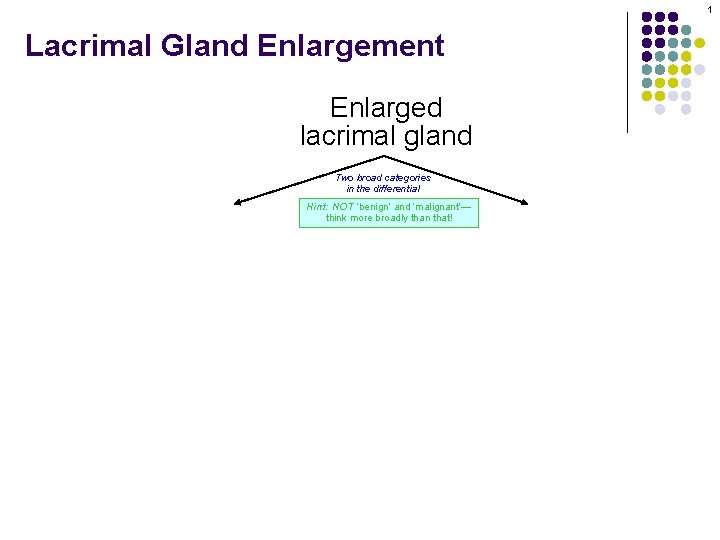 1 Lacrimal Gland Enlargement Enlarged lacrimal gland Two broad categories in the differential Hint: