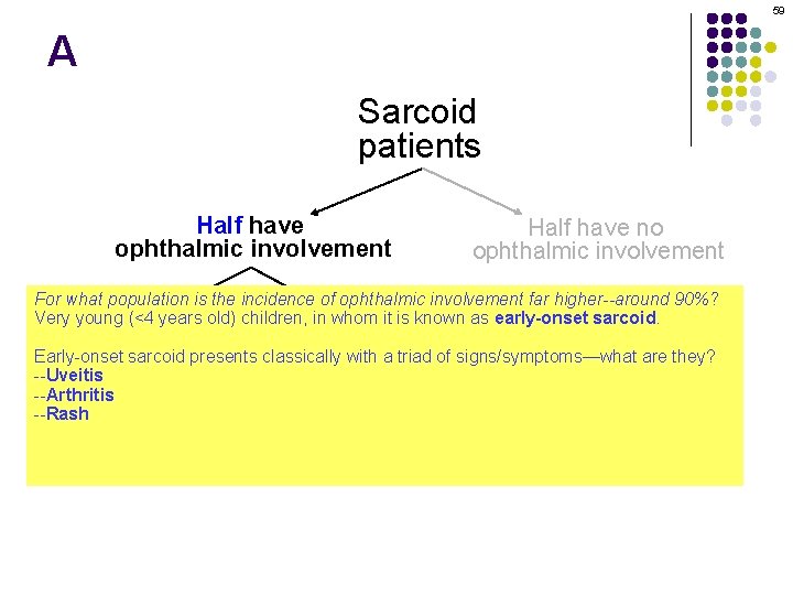 59 A Sarcoid patients Half have ophthalmic involvement Half have no ophthalmic involvement For