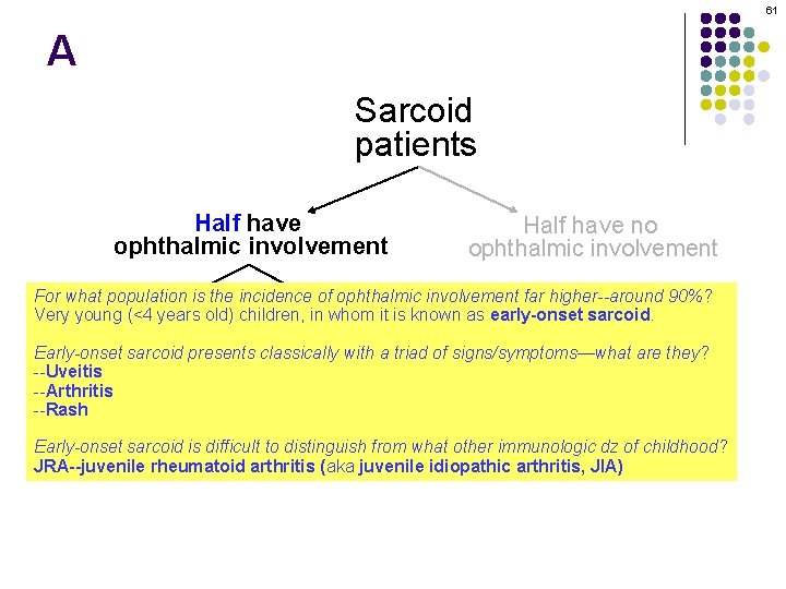 61 A Sarcoid patients Half have ophthalmic involvement Half have no ophthalmic involvement For