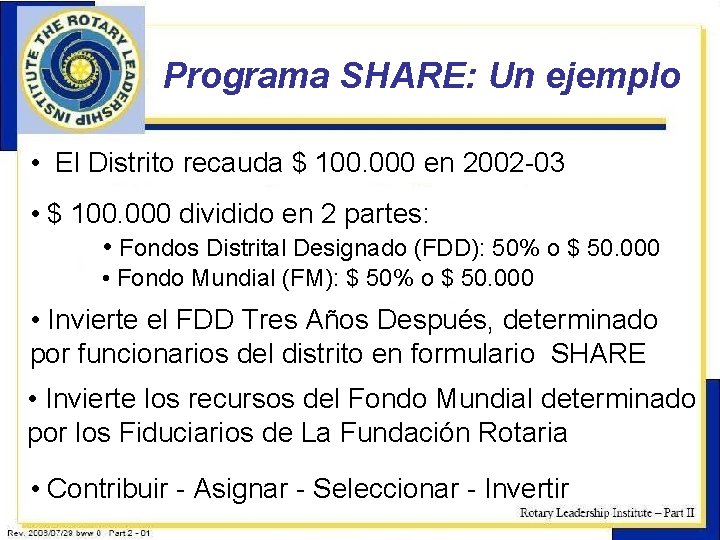 Programa SHARE: Un ejemplo • El Distrito recauda $ 100. 000 en 2002 -03