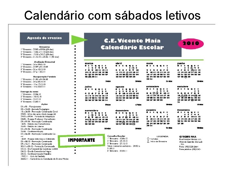 Calendário com sábados letivos 