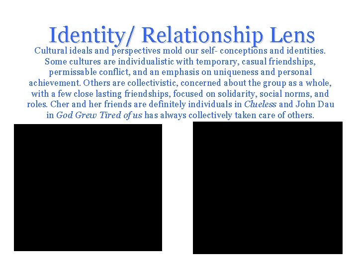 Identity/ Relationship Lens Cultural ideals and perspectives mold our self- conceptions and identities. Some Identity/ Relationship Lens Cultural ideals and perspectives mold our self- conceptions and identities. Some
