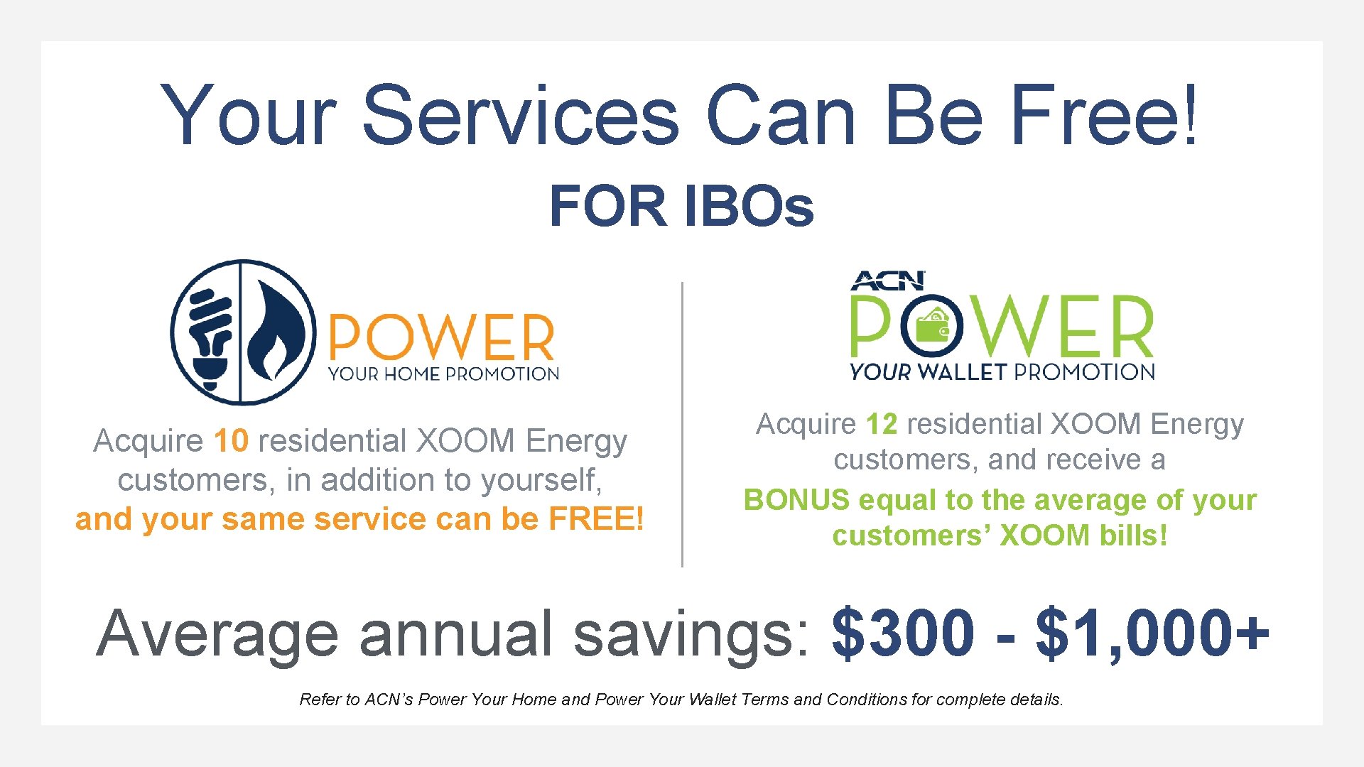Your Services Can Be Free! FOR IBOs Acquire 10 residential XOOM Energy customers, in