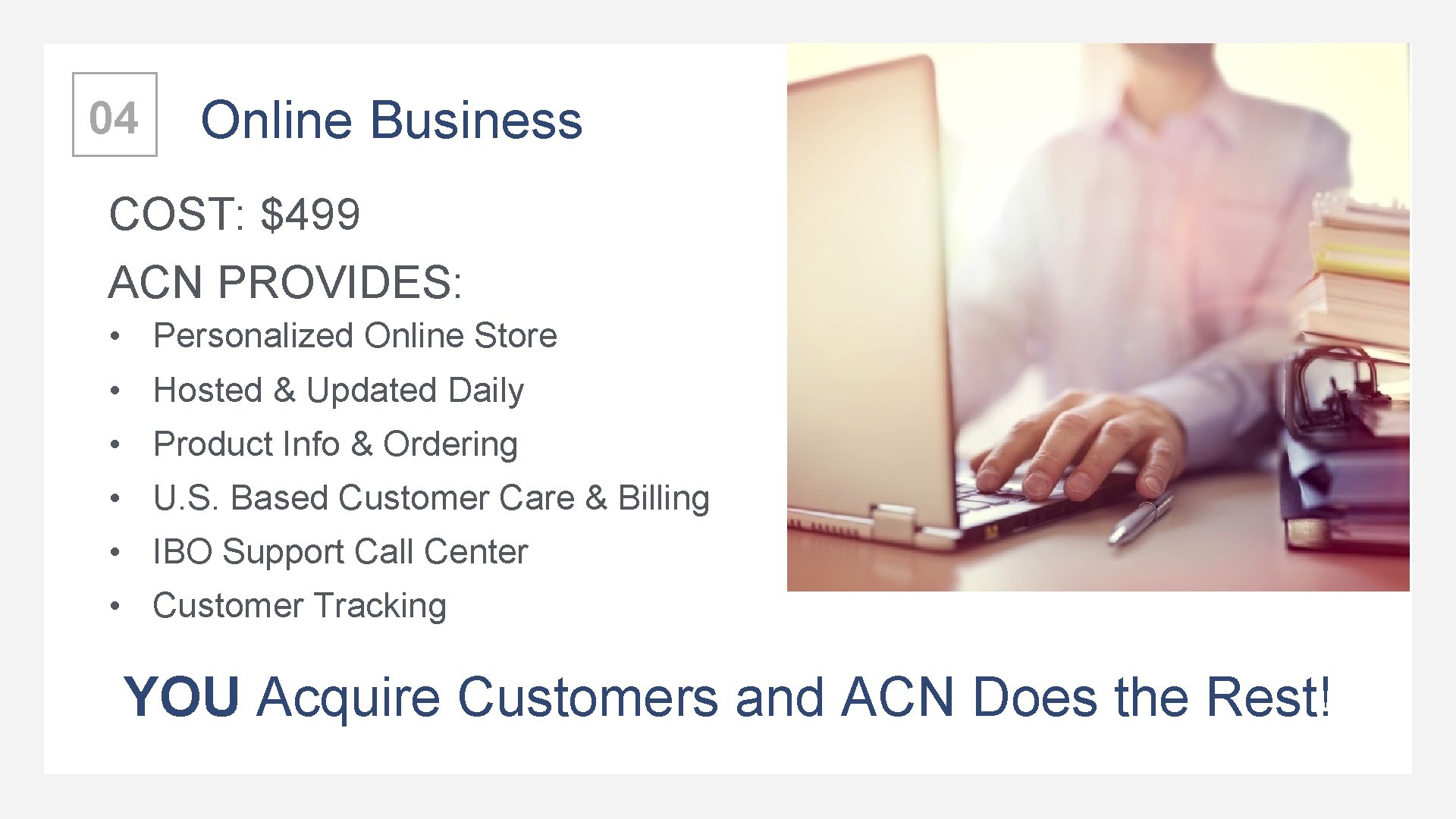 04 Online Business COST: $499 ACN PROVIDES: • Personalized Online Store • Hosted &