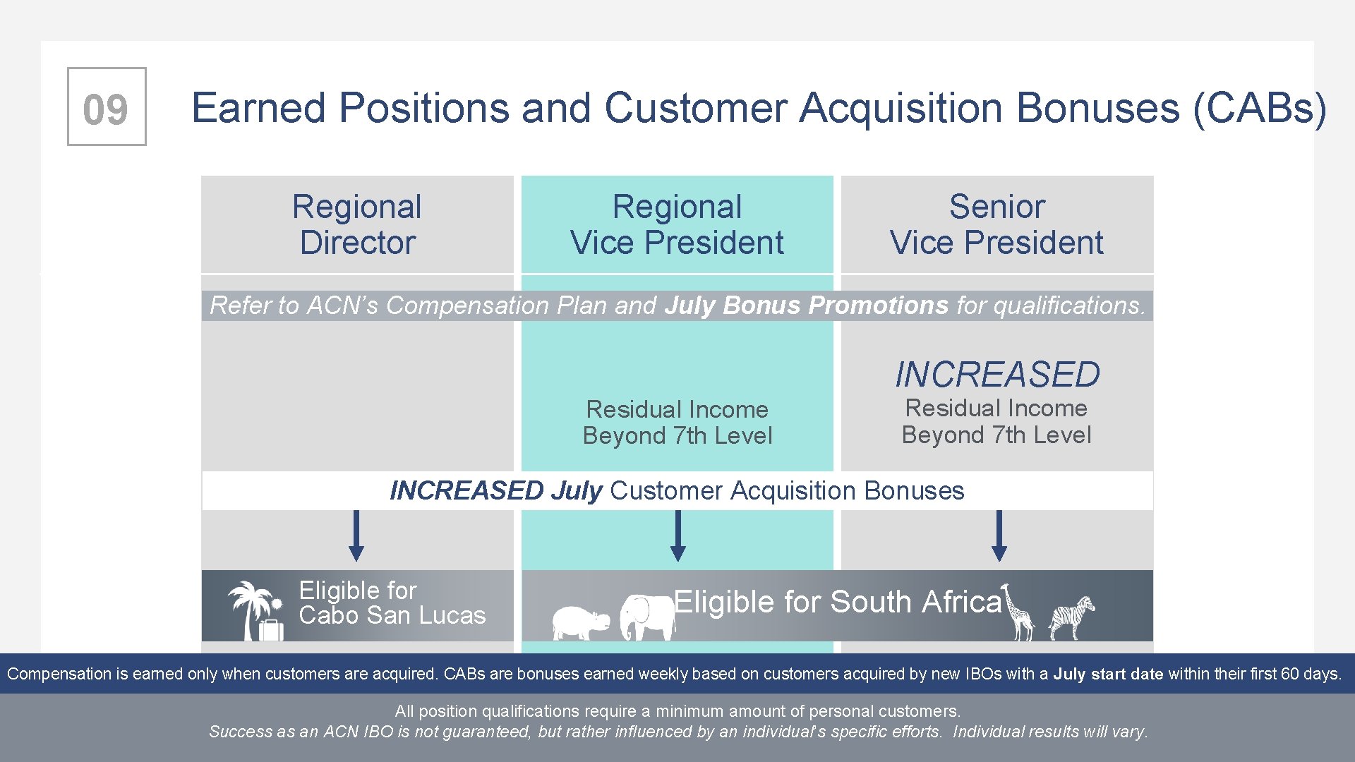 09 Earned Positions and Customer Acquisition Bonuses (CABs) Regional Director Regional Vice President Senior