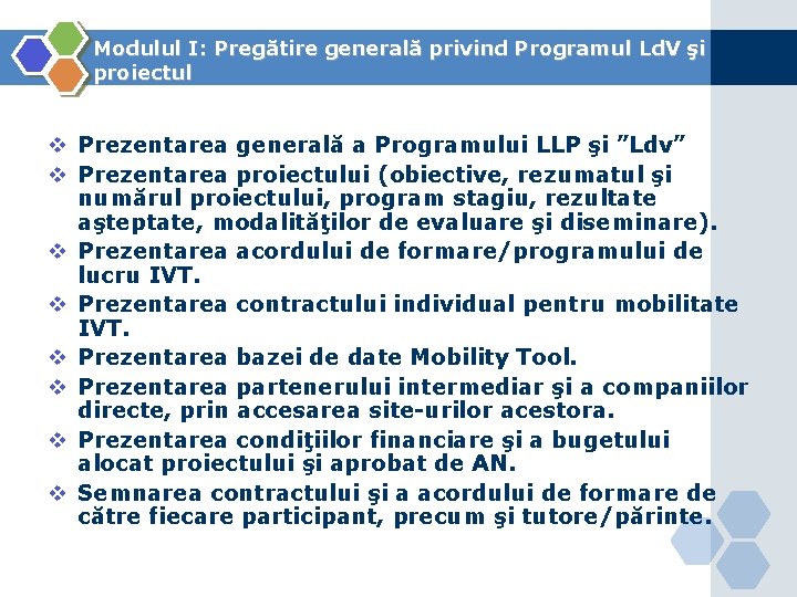 Modulul I: Pregătire generală privind Programul Ld. V şi proiectul v Prezentarea generală a