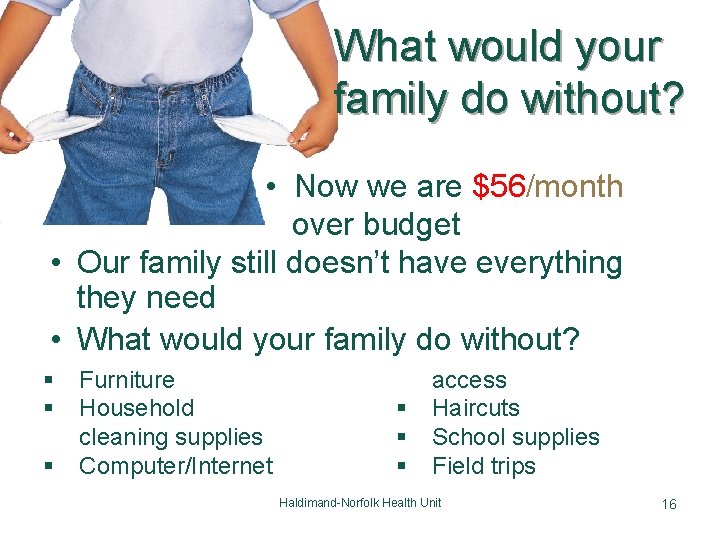 What would your family do without? • Now we are $56/month over budget •