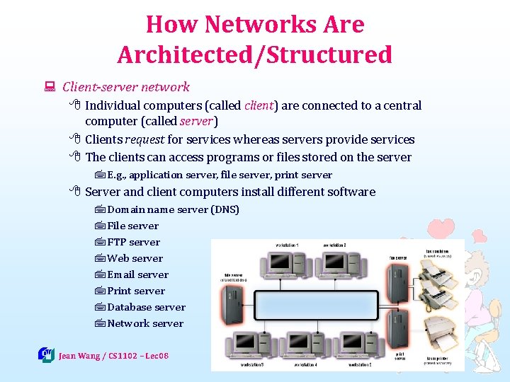 How Networks Are Architected/Structured : Client-server network 8 Individual computers (called client) are connected