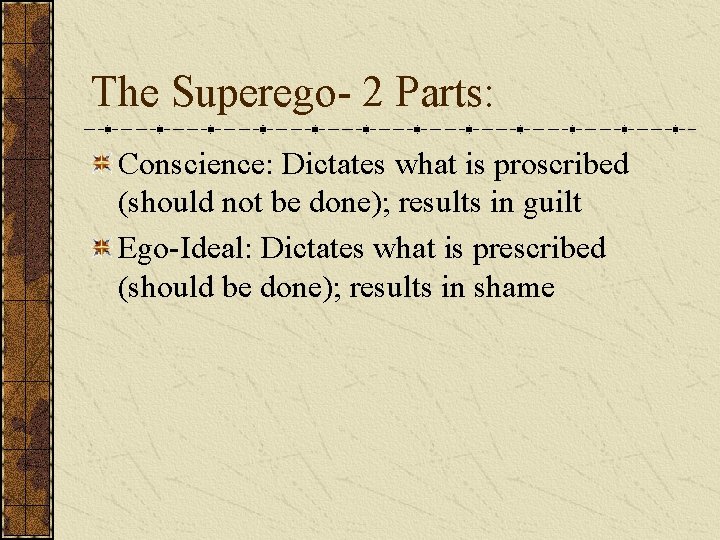 The Superego- 2 Parts: Conscience: Dictates what is proscribed (should not be done); results