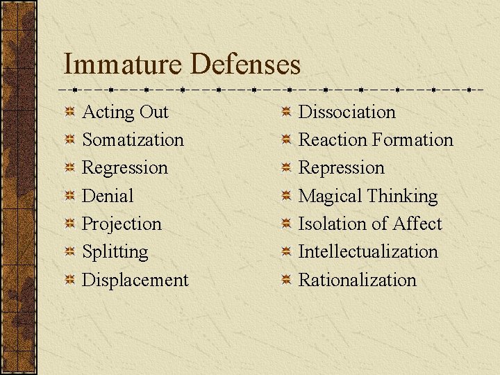 Immature Defenses Acting Out Somatization Regression Denial Projection Splitting Displacement Dissociation Reaction Formation Repression