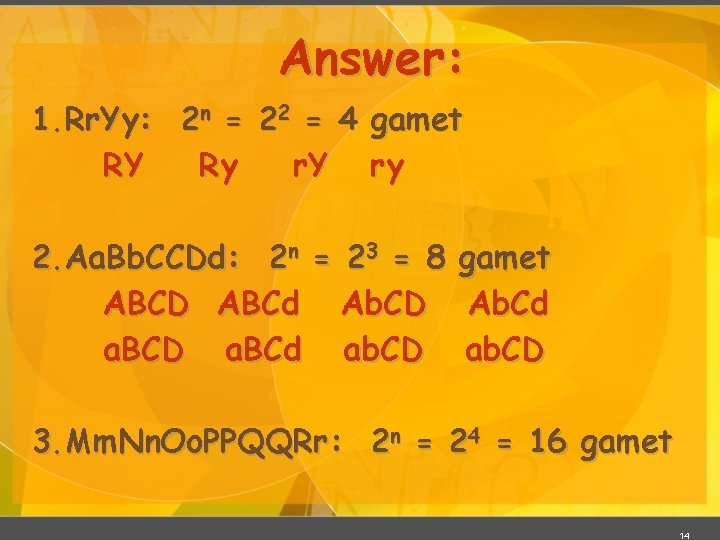Answer: 1. Rr. Yy: 2 n = 22 = 4 gamet RY Ry r.