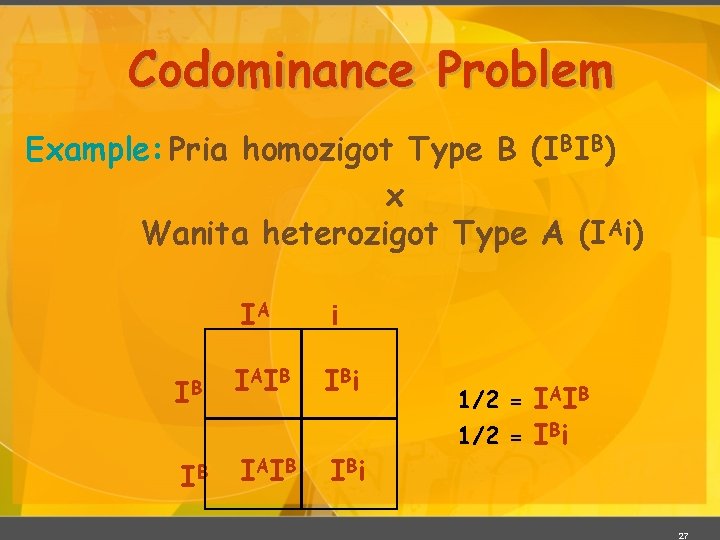 Codominance Problem Example: Pria homozigot Type B (IBIB) x Wanita heterozigot Type A (IAi)