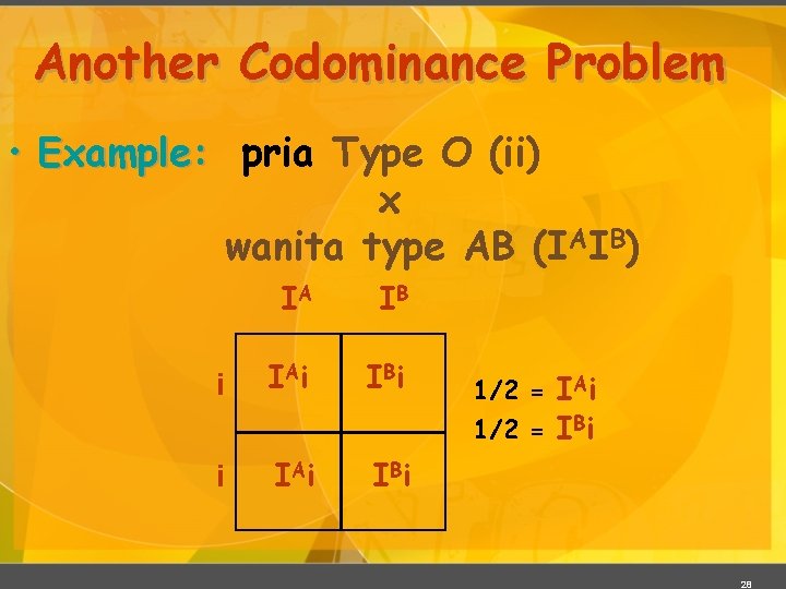 Another Codominance Problem • Example: pria Type O (ii) x wanita type AB (IAIB)