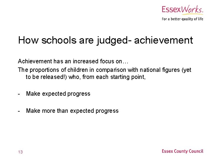 How schools are judged- achievement Achievement has an increased focus on… The proportions of