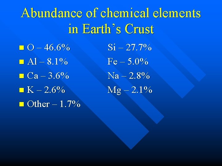 Abundance of chemical elements in Earth’s Crust O – 46. 6% n Al –