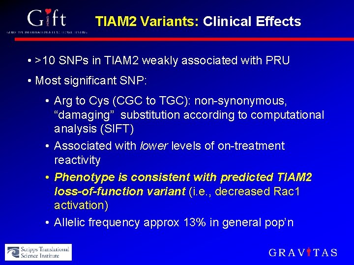 TIAM 2 Variants: Clinical Effects • >10 SNPs in TIAM 2 weakly associated with
