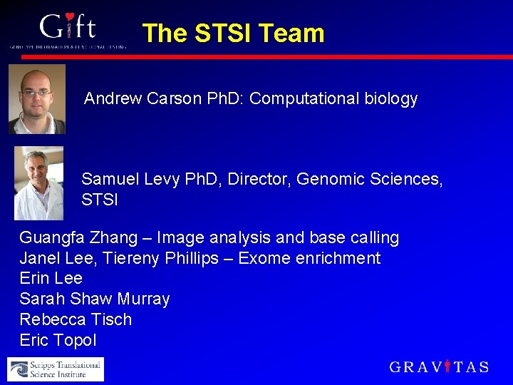 The STSI Team Andrew Carson Ph. D: Computational biology Samuel Levy Ph. D, Director,