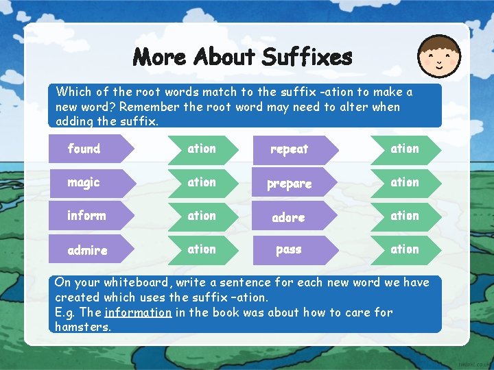 More About Suffixes Which of the root words match to the suffix -ation to