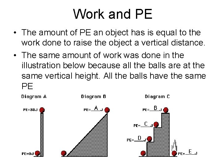 Work and PE • The amount of PE an object has is equal to